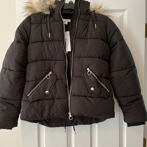 TopShop!  Black puffer with fur hood!